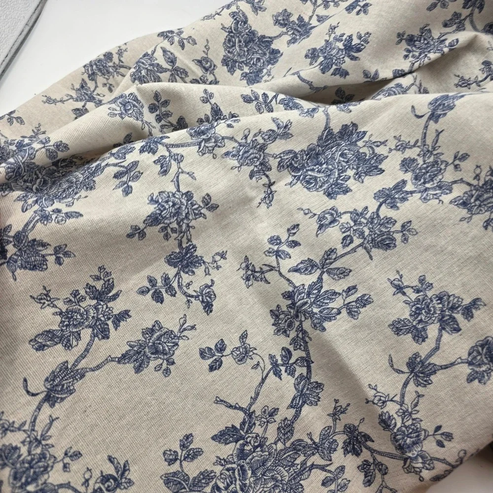 Blue Floral Toile Round Tablecloth Linen Blend French Country Farmhouse Decor